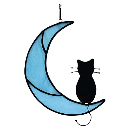 Decoración De Gato Negro Luna Azul, Vidrio Manchado