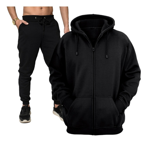 Moletom De Zíper Blusa De Frio + Calça Conjunto Preto