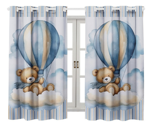 Cortina Quarto Infantil Menino 2.00 X 1.50 Estampada Cor Urso Balão Azul