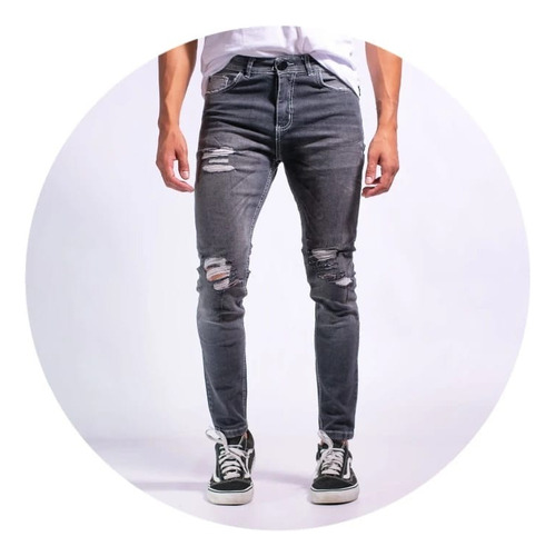 Jeans Gris Costuras Roto Hombre Chupin 