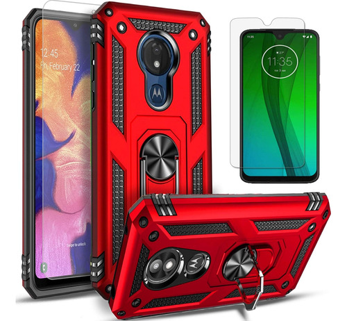 Funda Roja Heavy Duty Anillo + Protector Para Moto G7 Plus