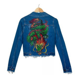 Campera Jean Azul Elastizado Dragon Chino Oriental Pintada