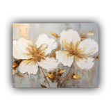45x30cm Pintura Floral Intensa En Lienzo Blanco Y Dorado