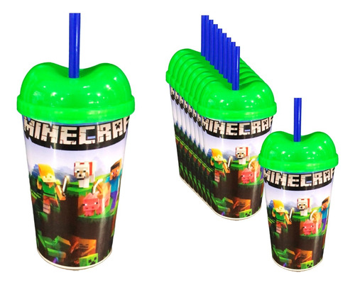 Vaso Pitillo Sorpresa X12 Minecraft Niño Fiesta Obsequio