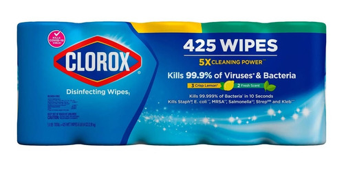 Toallitas Desinfectantes Clorox, 5 Botes, 425 Wipes