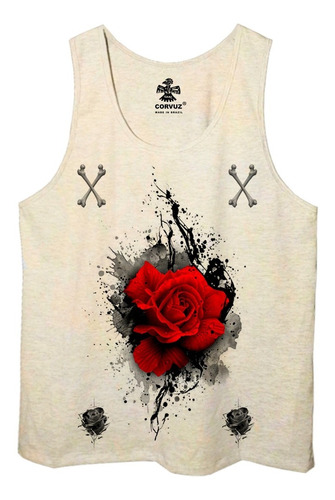 Regata Estampada Red Haze Rosas Caveira Camisa Cavada Flores