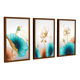 Trio De Quadros Para Decoração Quarto Sala Flor Azul Dourada