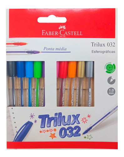 Caneta Faber Trilux 1.0 Esferográfica Média C/ 10 Colors