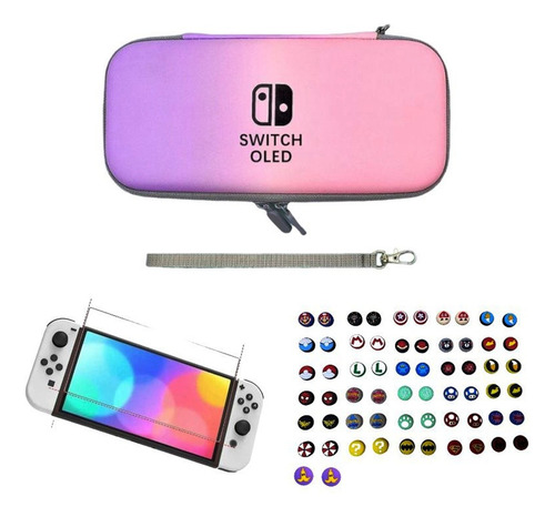 Estuche Rígido Rosa/lila Pastel  +vidrio+2 Grips Switch Oled