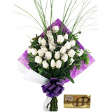 Ramo Flores Naturales 24 Rosas Blancas (c) Y Bombones. Envío