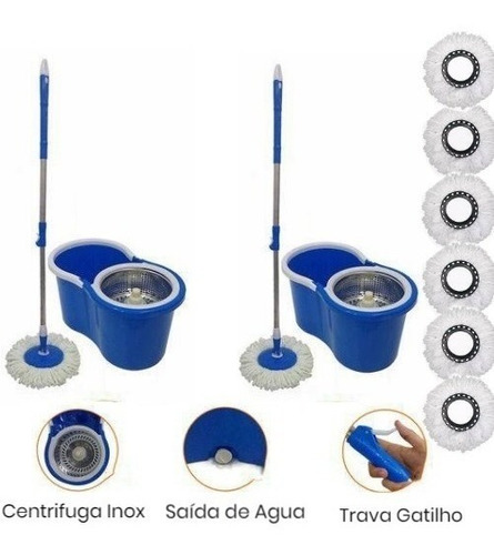 Kit 2 Baldes Spin Mop Centrifuga Inox + 6 Refil Esfregão Mop