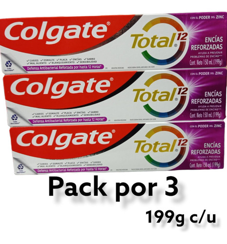 Pack X 3 Pasta Dental Colgate Total 12 Encías Reforzada 199g