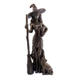 Estatua Bruxa Com Livro Vassoura E Gato Magia - Resina 19cm