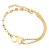 Pulsera De Tobillo Mujer Corazón Doble De Acero Dorado Pie