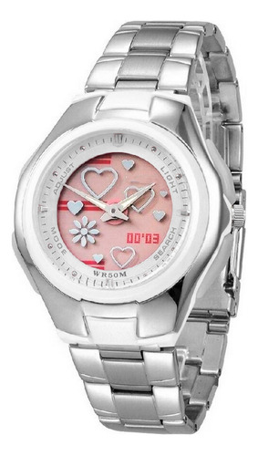 Reloj Dama G-force Lady Love Dual Acero Al206 + Estuche Correa Plateado Bisel Blanco