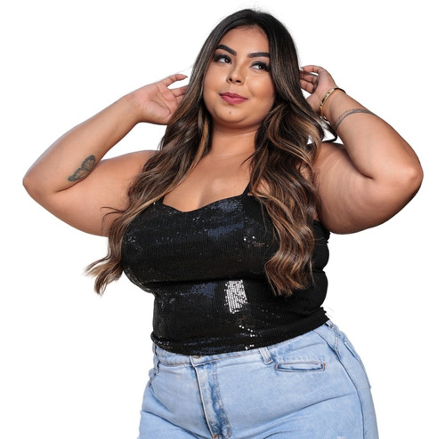 Croped Feminino Plus Size Blusa Paete Festa Com Bojo Balada