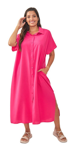 Maxi Vestido Camisero Oversized Con Bolsillos Talles Grandes