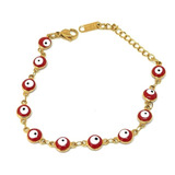 Pulsera Ojito Turco 6mm Rojo Acero Inoxidable Dorado