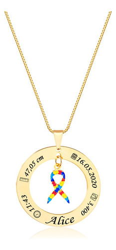 Colar Autismo Personalizado Laço Dados Nascimento Ouro 18k