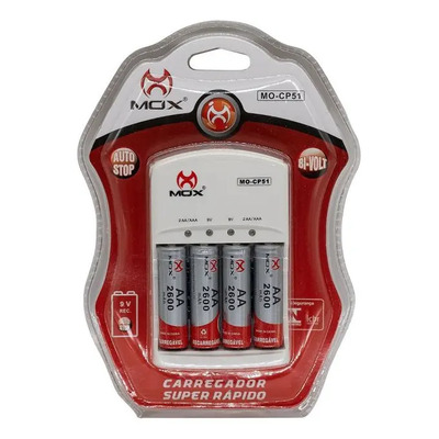 Carregador Com 4 Pilhas Aa Recarregável 2600 Mah Mo-cp51 Auto Stop | Parcelamento sem juros