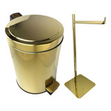 Kit Banheiro Inox Dourado Lixeira 5l E Papeleira Dourada