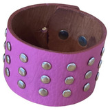 Brazalete De Cuero Mujer Con Tachas Color Fucsia