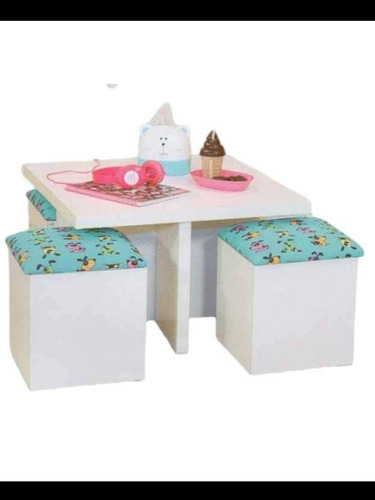 Mesa De Niños Con 4 Puff  Melamina Y Organizador De Juguetes