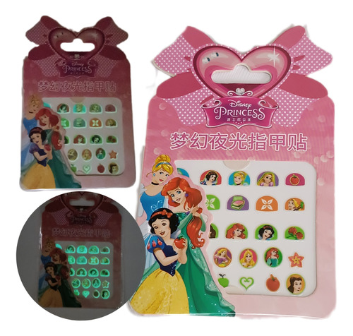 Kit 2 Cartelas Adesivo De Unhas Luminoso Infantil Princesas 