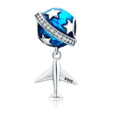 Charm Avión Y Mundo Estrellado - Plata De Ley S925