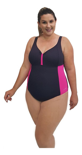 Maiô Natação Light Plus Size Preto E Pink Sustentação