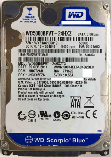 Wd Wd5000bpvt-24hxzt3 500gb Sata - 04687 Recuperodatos