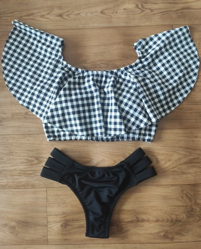 Conjunto Biquíni Cropped Ciganinha+ Calcinha Tiras Top Verão