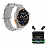 Relógio Smartwatch Redondo Prata Hw3 Ultra Max + Fone 