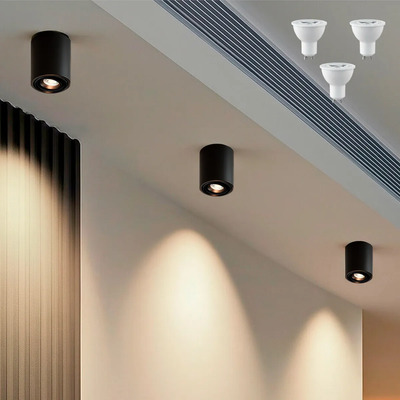 3 Spot Mini Sobrepor Redondo Preto Direcionável Luz02 + Led Preto 127/220v