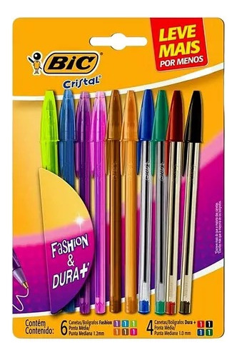 Caneta Bic Fashion Colorida Cristal 10 Cores Esferográfica