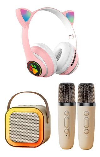 Fone Gatinho Bluetooth Infantil Led + Karaoke 2 Microfones  