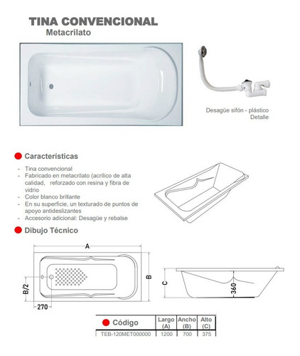 Tina Metacrilato Blanca 120x70x37,5cms Tebisa/dechaus