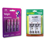 Carregador De Pilhas Aa/aaa/9v + 4 Pilhas Aa 2500 Mah Elgin