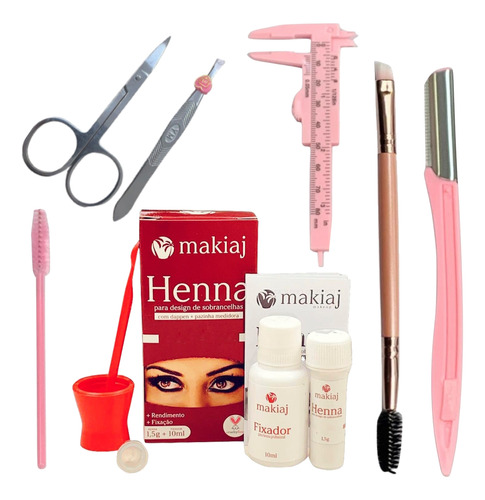 Kit Henna Makiaj Sobrancelhas Profissional Navalha Pincel