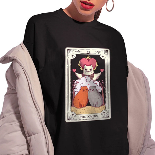 Playera Negra Estampado Tarot De Gatos Unisex 