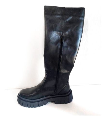 Botas Altas  Negra De Ecocuero Taco Bajo Super Cómoda