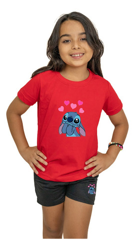 Conjunto Infantil Stitch Coração Camiseta E Bermuda Feminina