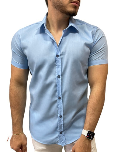 Camisa Social Masculina Elastano Slim Fit Manga Curta