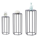 Set De 3 Soportes Plantas De Metal Negro, Mesa Auxiliar...