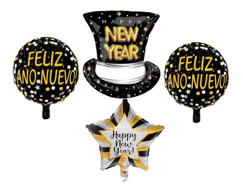Set Globos Año Nuevo Metálicos 4 Pz Sombrero Y Circular #1