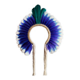 Cocar Indígena Penas Coloridas Decoração Azul, Branco, Verde