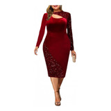 Women's Sequin Party Dress With Long Sleeve Red Velvet 
