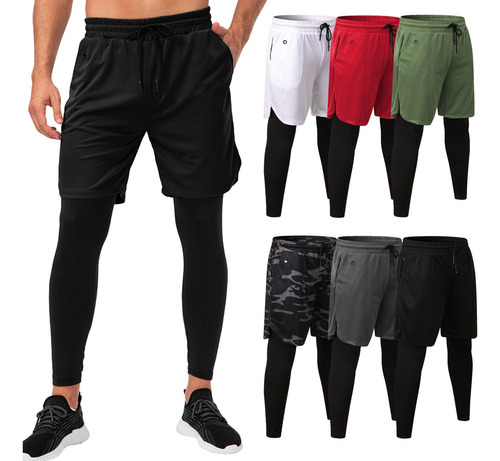 Calças Esportivas Masculinas Com Bolsos 2 Em 1 Forro Legging