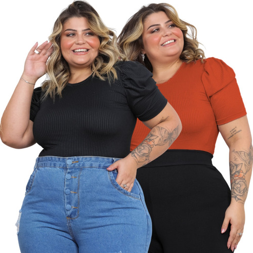 Kit 2 Blusa Plus Size Canelada Manga Princesa Moda Feminina