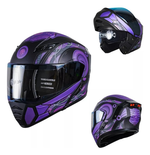 Casco Kov Estelar Cyborg Morado Abatible Led Gafa Motos.shop